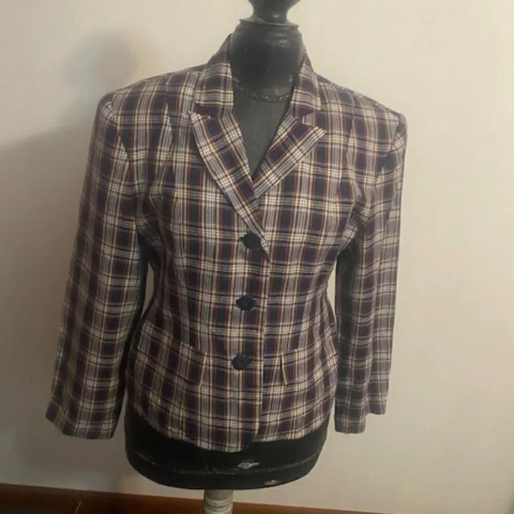 Paul Harris Design Vintage Linen blend Plaid Blue/Yellow blazer, size M